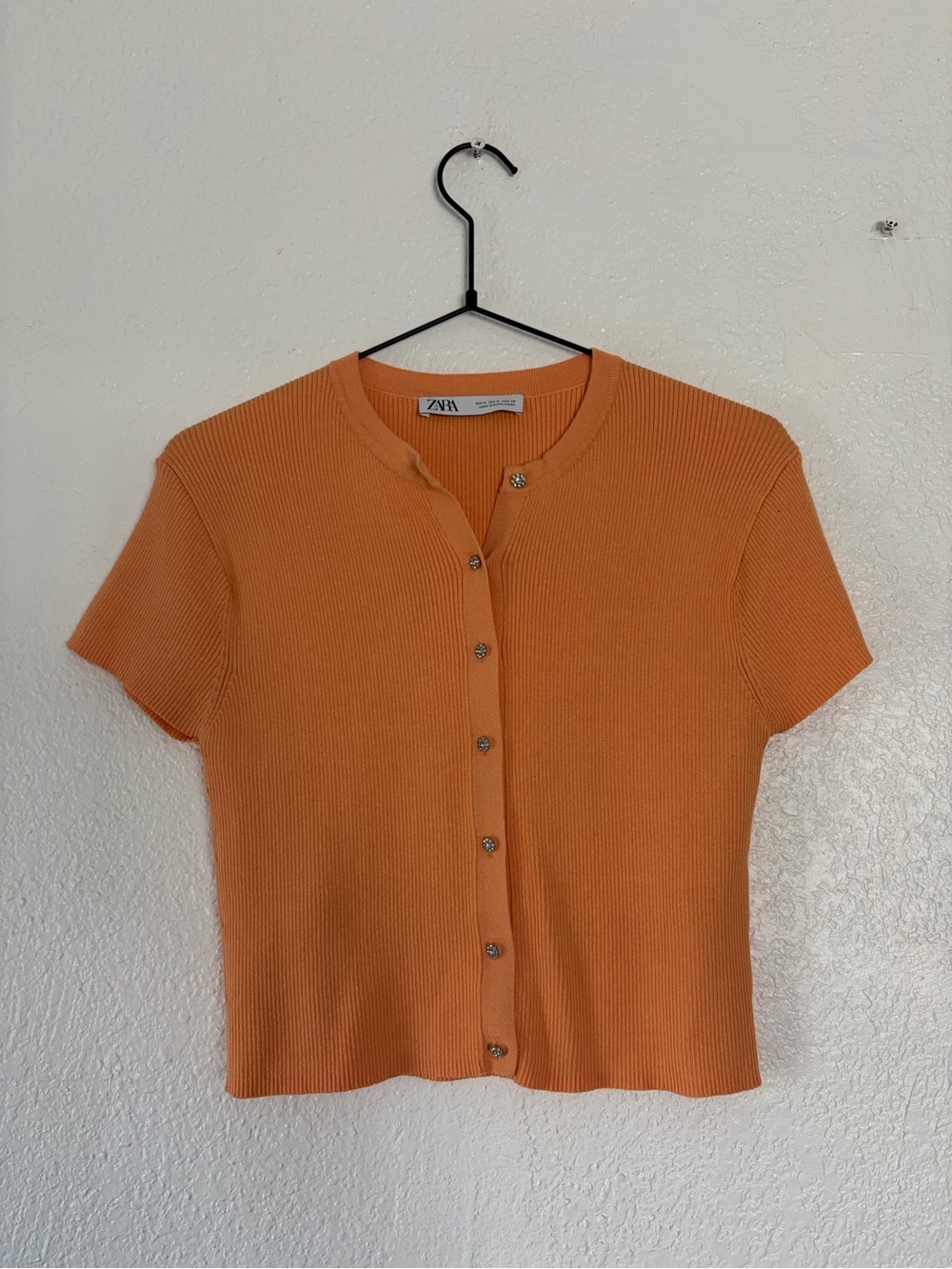 ZARA Short Sleeve Ribbed Button-Up Top in Orange